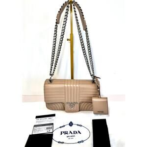 Prada Diagramme Medium Quilted Flap Bag In Tan Calfskin Leather W Silver Chain